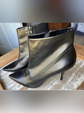 Franco Sarto Black Leather Pointed Ankle Booties with Brogue Trim